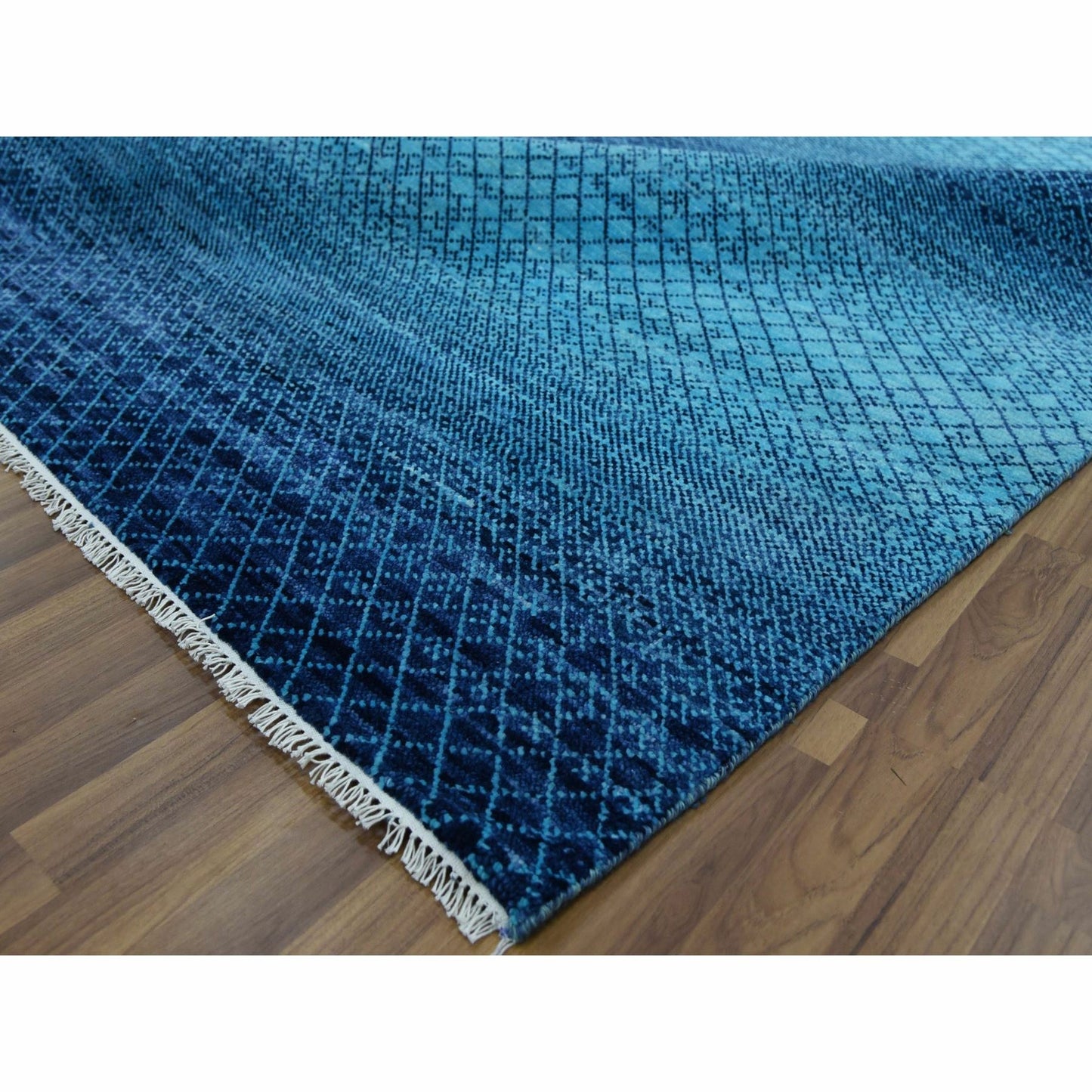 9'X11'7" Blue Pure Wool Hand Knotted Modern Chiaroscuro Collection Rug