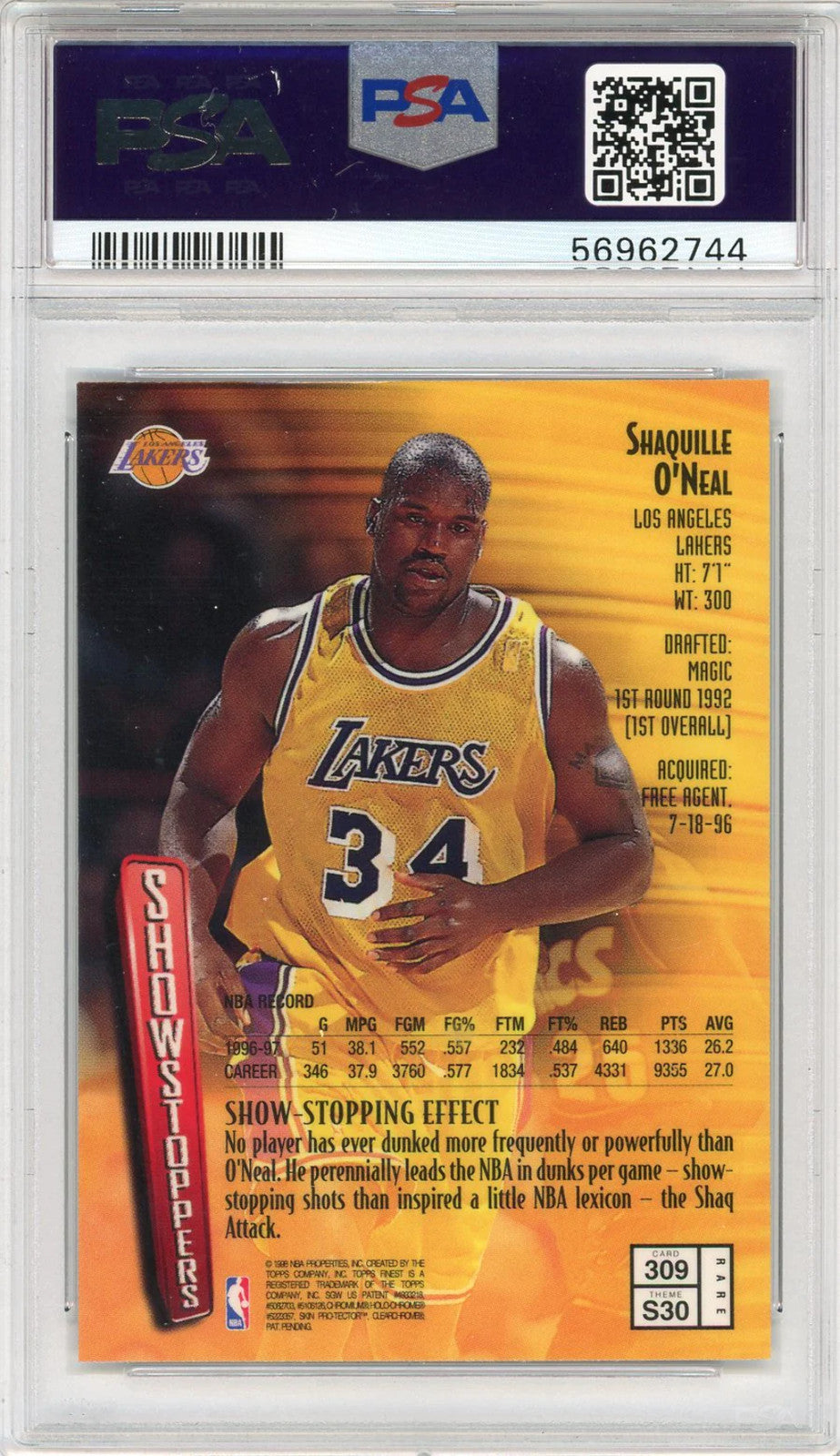 Shaquille O'Neal 1997 Topps Finest W/ Coating Card #309 (Psa)