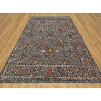 9'X12'1" Brown Scrolls Leaf Design Striae Hand Knotted Silk And Wool Rug