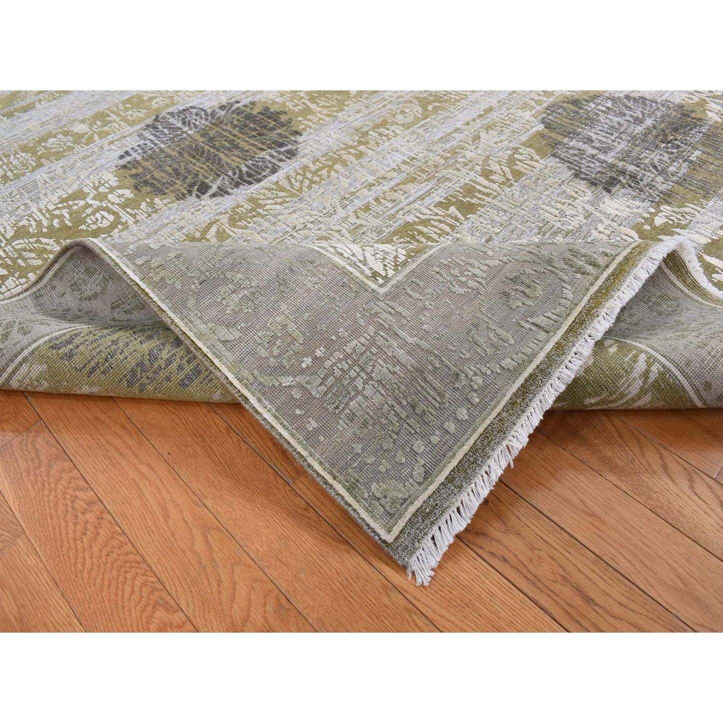 8'9"X12'1" Green Silk With Wool Abrash Artistic Motifs Hand Knotted Rug