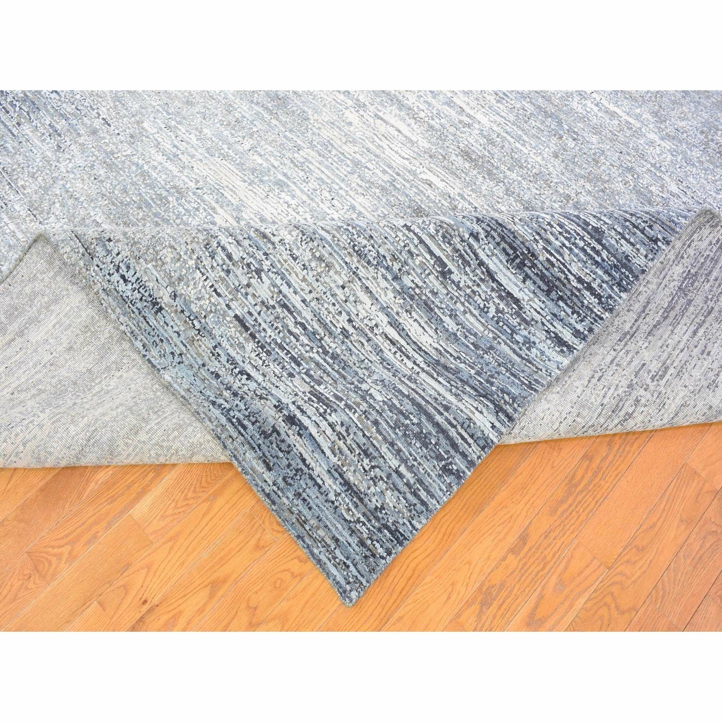 10'x14' Horizontal Ombre Design Hand Knotted Denim Blue Wool and Silk Rug