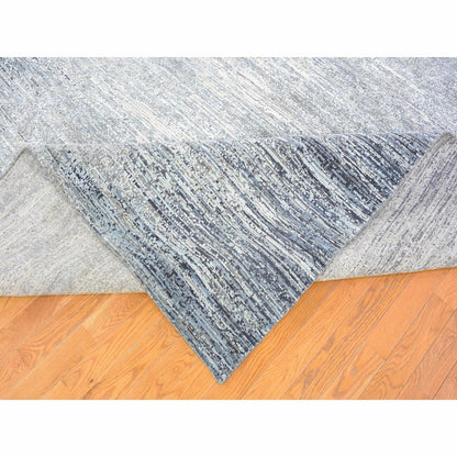 10'x14' Horizontal Ombre Design Hand Knotted Denim Blue Wool and Silk Rug