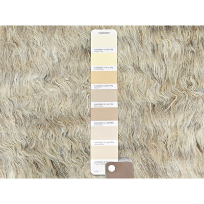 13'6"X13'6" Beige Shaggy Moroccan Wool Hand Knotted Round Rug