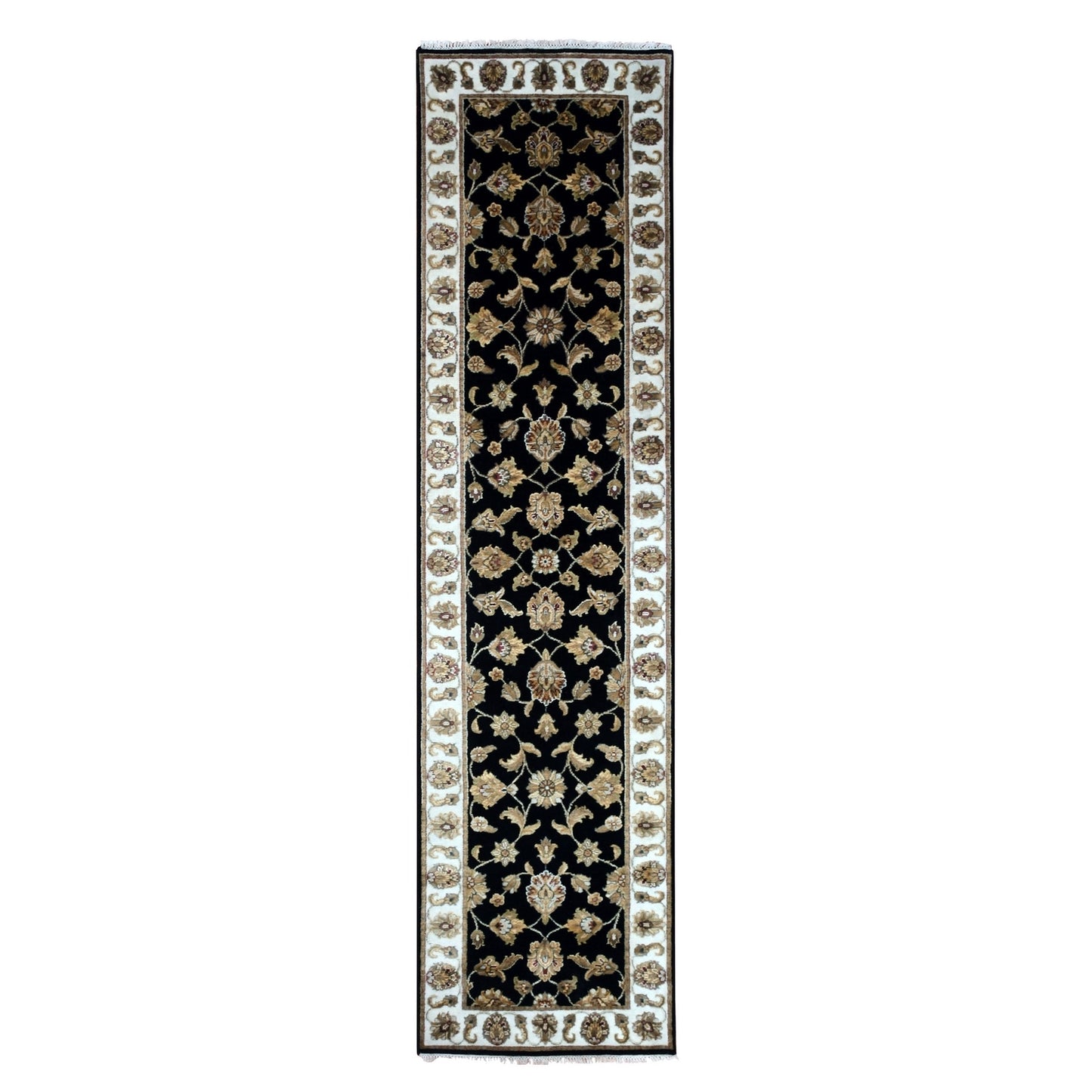 2'5"X10' Bristol Black Rajasthan Design Hand Knotted Wool Silk Runner Rug