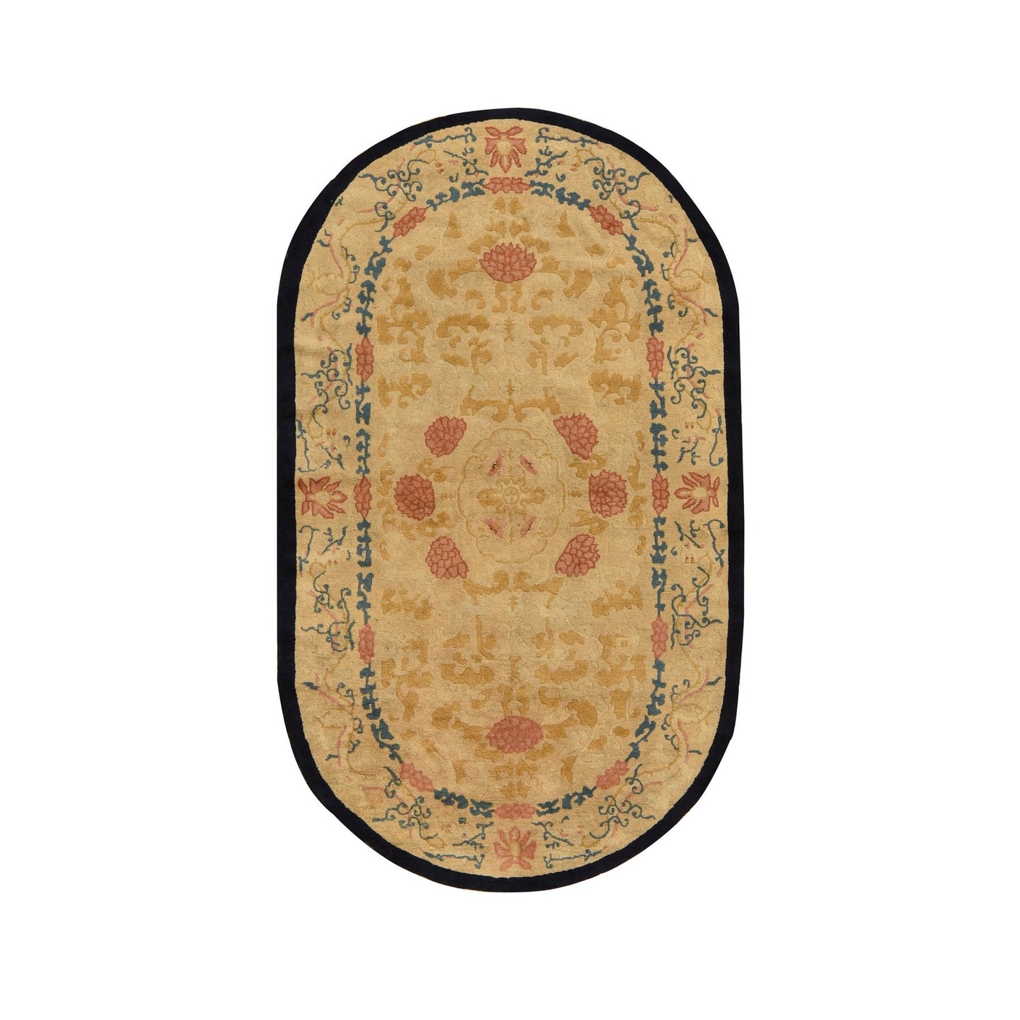 4'X6'9" Brown Antique Chinese Peking Oval Shape Wool Hand Knotted Rug