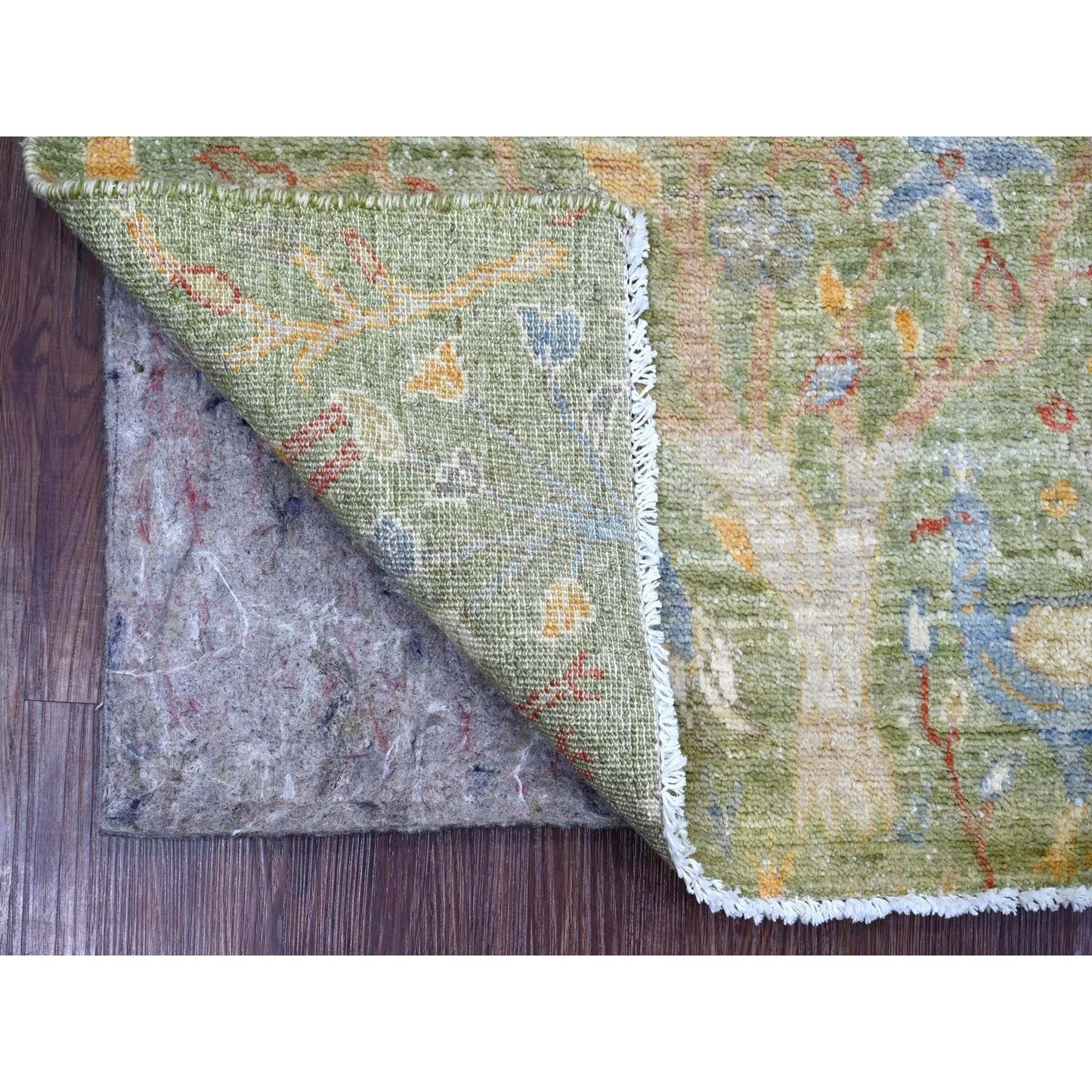 2'X3' Green Wool Rug Peshawar Birds Of Paradise Design Hand Knotted Mat