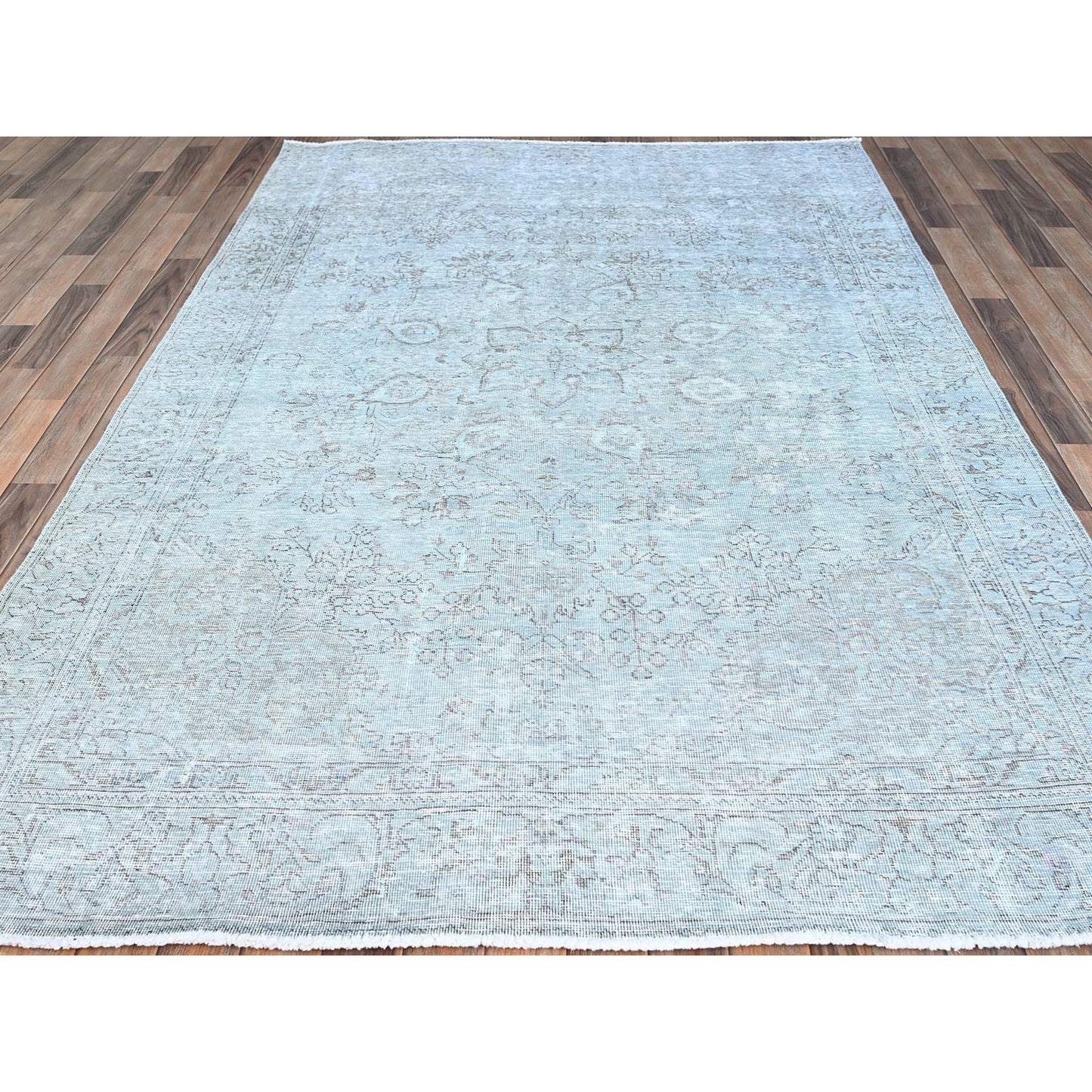 6'X8'9" Blue 100% Wool Clean Cropped Thin Hand Knotted Vintage Tebraz Rug