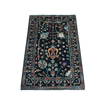 2'8"x4' Black Hand Knotted Sultani Floral Pattern Wool Sample Mat Rug