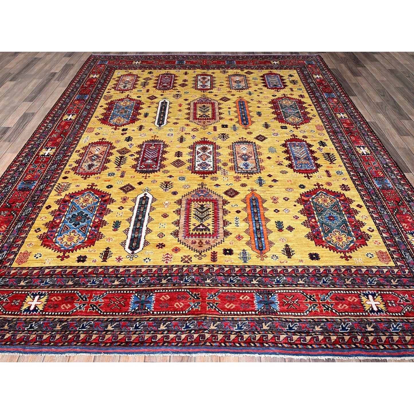 Soft Wool Hand-Knotted Afghan Rug in Yellow with Caucasian Design (8'3"x9'8")