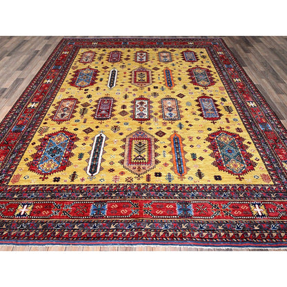 Soft Wool Hand-Knotted Afghan Rug in Yellow with Caucasian Design (8'3"x9'8")