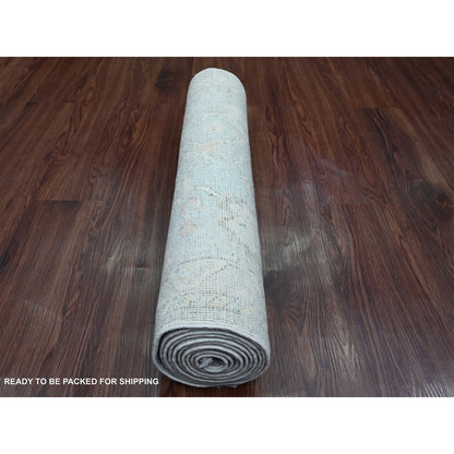 2'8"X9'8" Gray Hand Knotted Angora Oushak Leaf Design All Wool Runner Rug