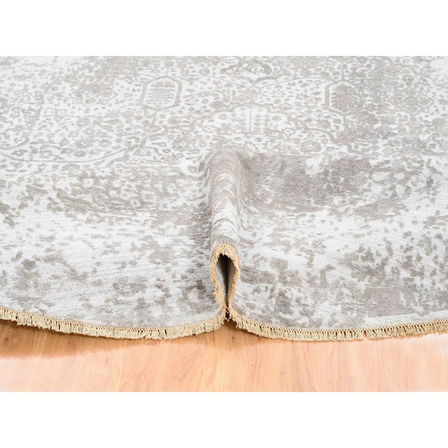 10'x10' Round Grey Broken Farsian Design Wool-Silk Hand Knotted Rug