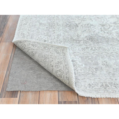 8'1"X11'2" Ivory Worn Wool Hand Knotted Vintage Farsian Tebraz Rug