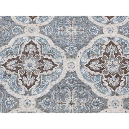 2'7"X9'10" Gray Mughal Design Silk With Wool Hand Knotted Runner Rug