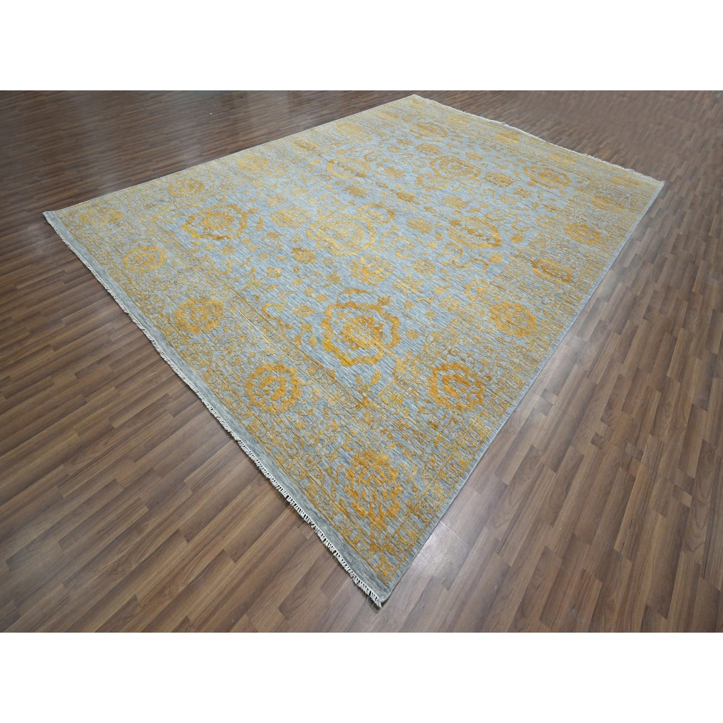 10'X14' Gold Zoroastrian Influence Design Hand Knotted Wool & Silk Rug