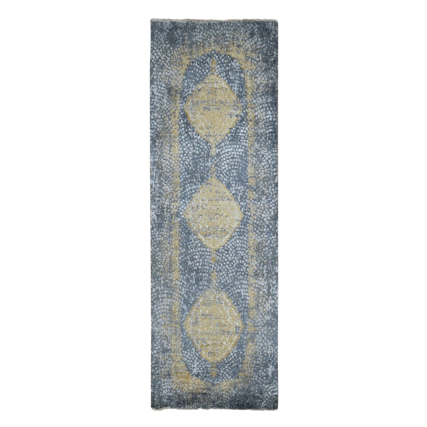 3'2"X9'10" Gray Zoroastrian Design Wool And Silk Runner Hand Knotted Rug