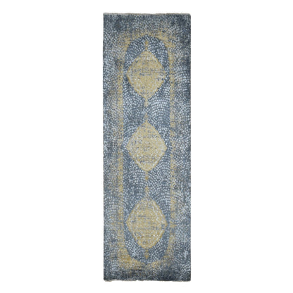 3'2"X9'10" Gray Zoroastrian Design Wool And Silk Runner Hand Knotted Rug