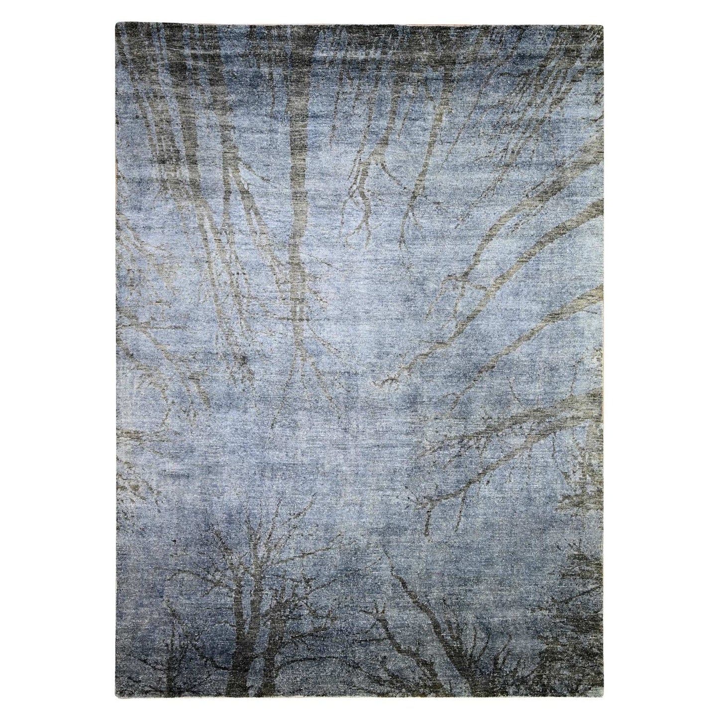 8'10"X12'1" Blue Gray Modern Tree Design 100% Wool Hand Knotted Rug