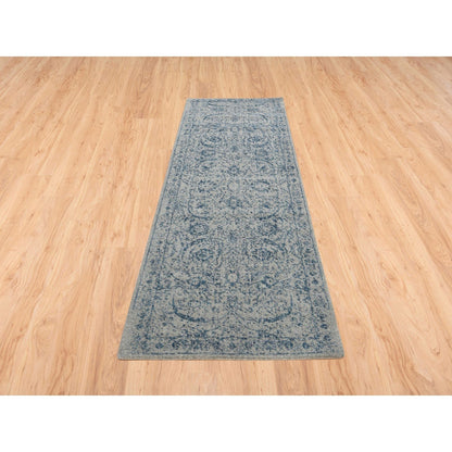 2'6"X8'1" Hand Loomed Gray Fine Jacquard Wool And Silk Runner Rug