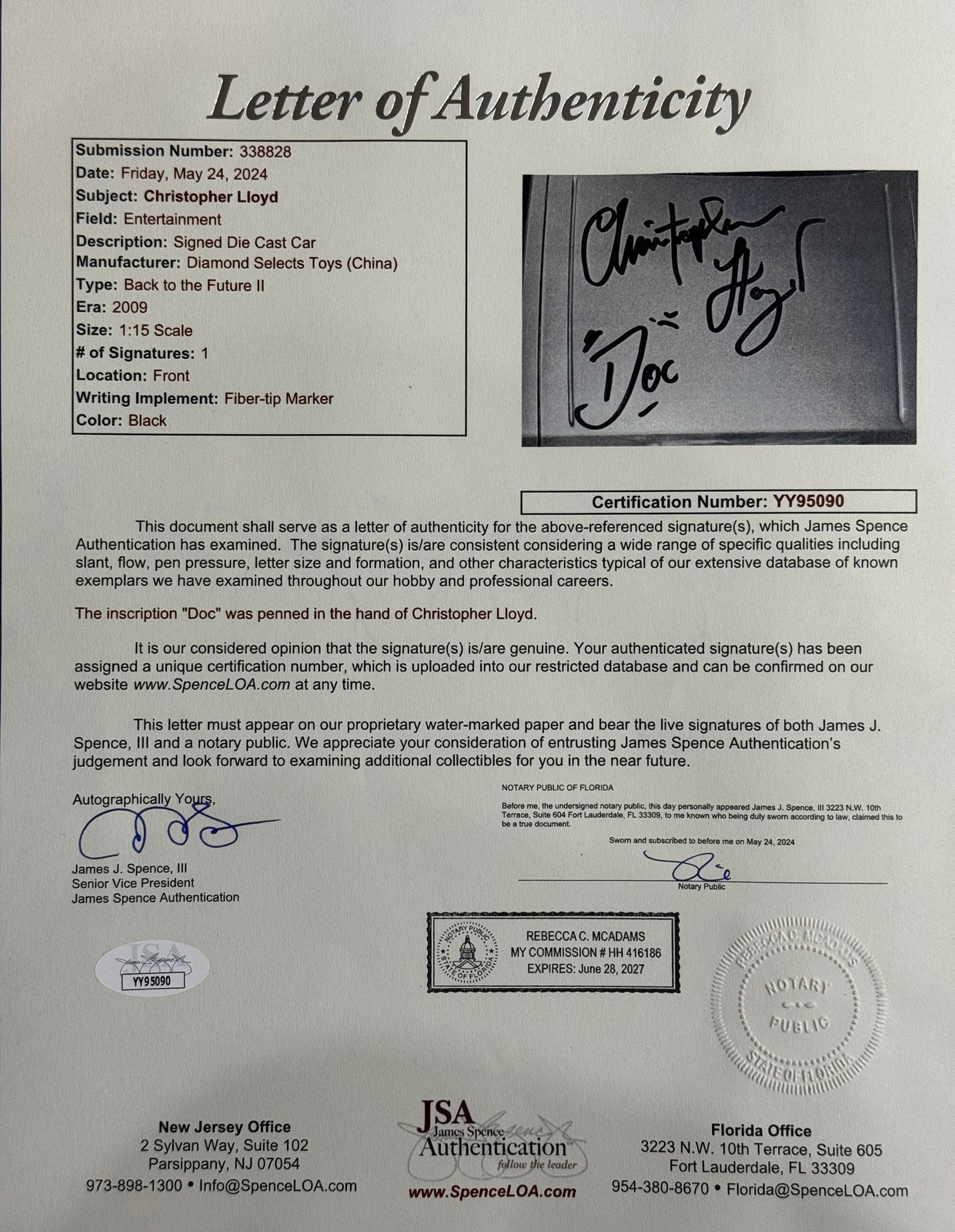 Christopher Lloyd Signed Back To The Future Delorean Time Machine 1:15 Scale Die