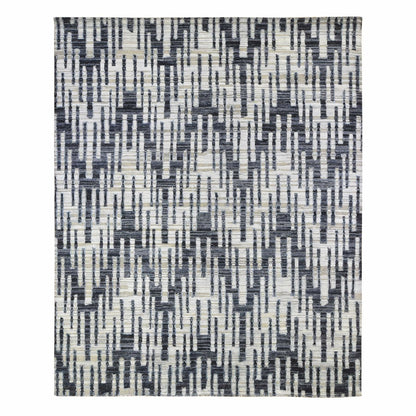 8'X10'1" Zig Zag Design Black And White Pure Silk And Textured Wool Rug