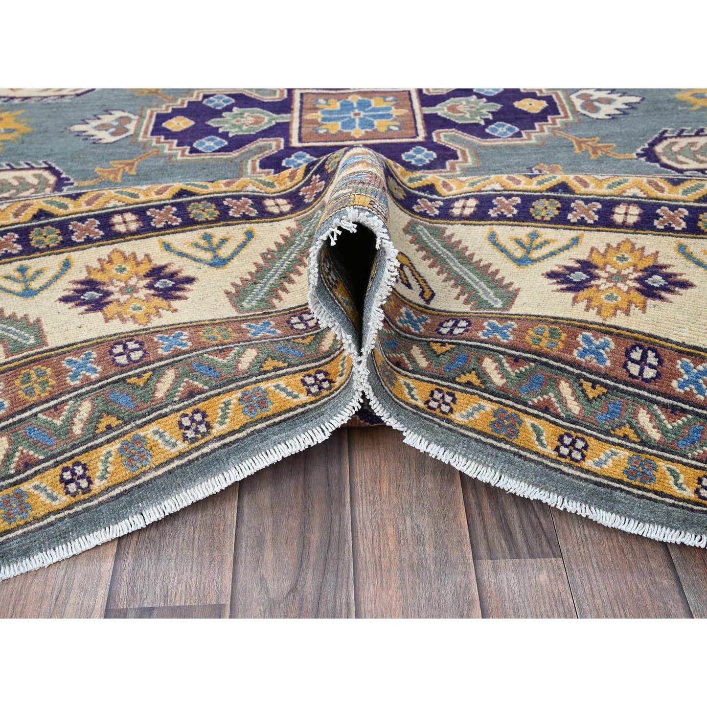 8'X10' Misty Gray Kazak With Medallions Design Hand Knotted Soft Wool Rug