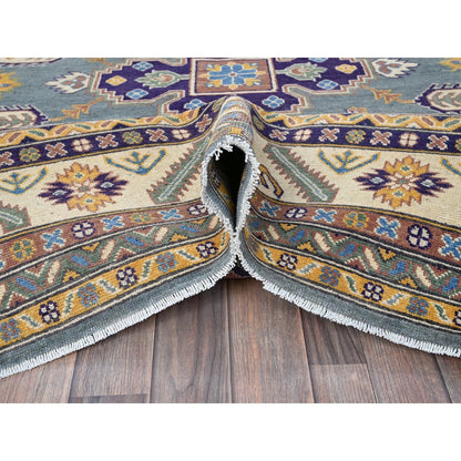 8'X10' Misty Gray Kazak With Medallions Design Hand Knotted Soft Wool Rug
