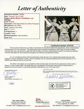 Joe Dimaggio, Mickey Mantle & Ted Williams Autographed Framed 8X10 Photo (Jsa)