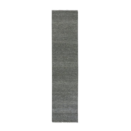 2'7"X11'8" Flint Gray Hand Knotted Grass Design Undyed Wool Runner Rug