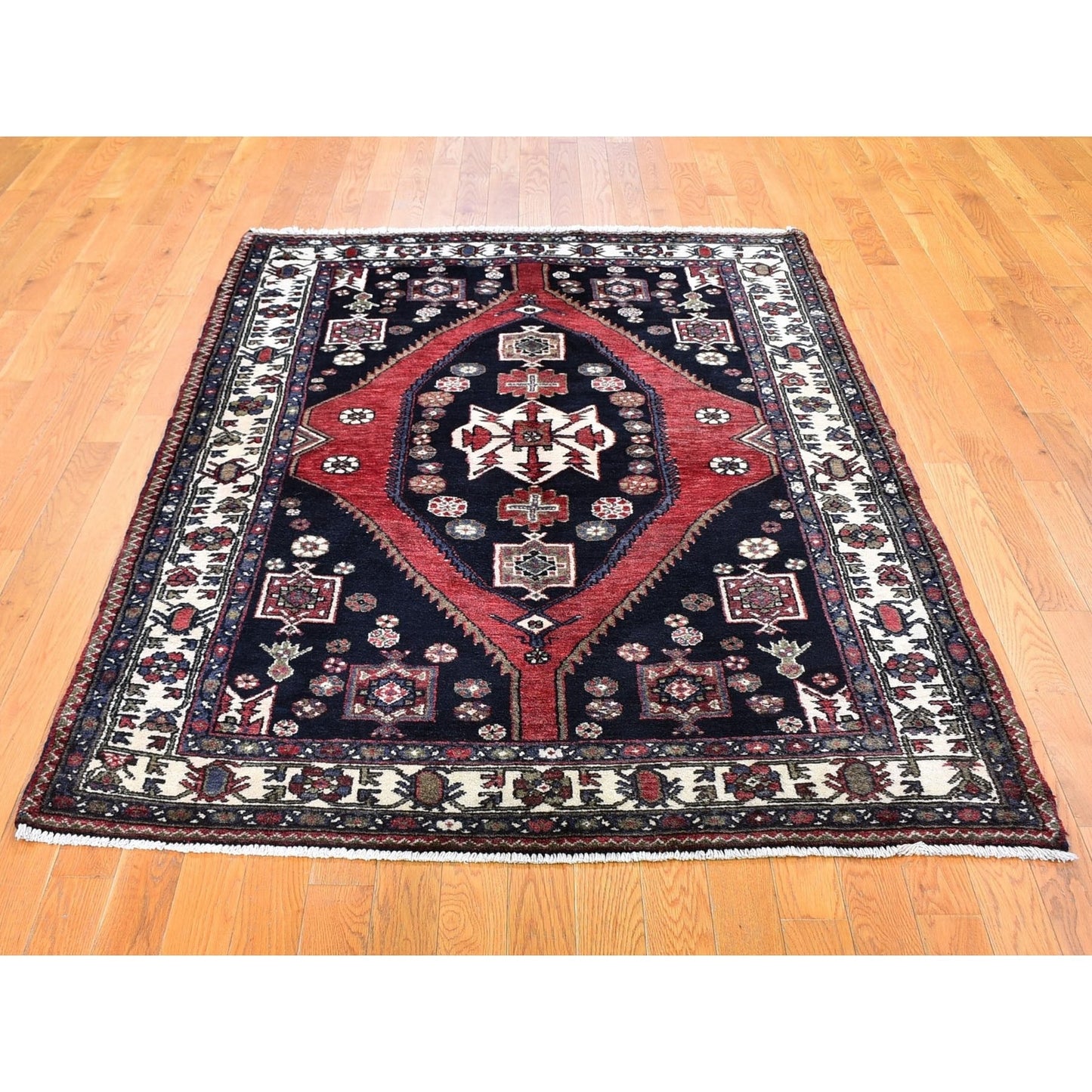 4'6"X6'6" Navy New Farsian Moozligoon Pure Wool Hand Knotted Oriental Rug