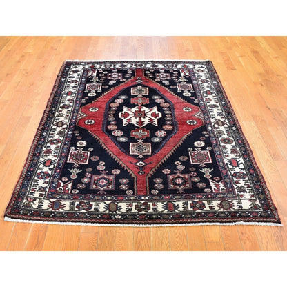 4'6"X6'6" Navy New Farsian Moozligoon Pure Wool Hand Knotted Oriental Rug