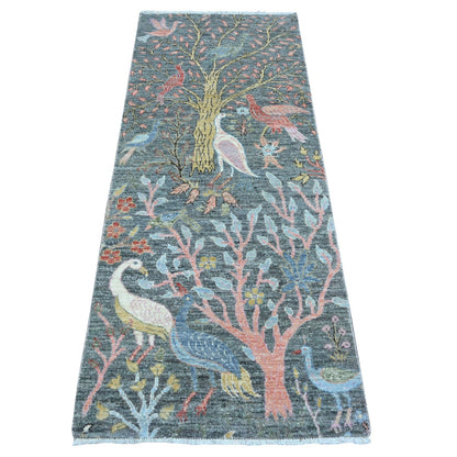 Rug 2'6"x6'2" Gray Hand Knotted Soft Wool Birds Paradise Peshawar Runner