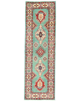 Hand-Knotted Kazak Tribal Runner Rug Geometric
