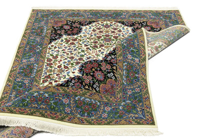 Handmade Kirman Oriental Rug Cream & Blue Floral
