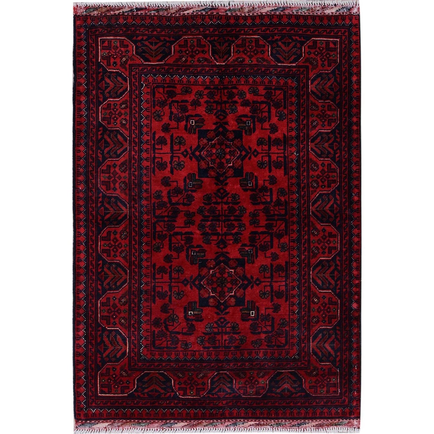 2'9"X3'10" Red Afghan Khamyab Tribal Design Hand Knotted Wool Sample Rug