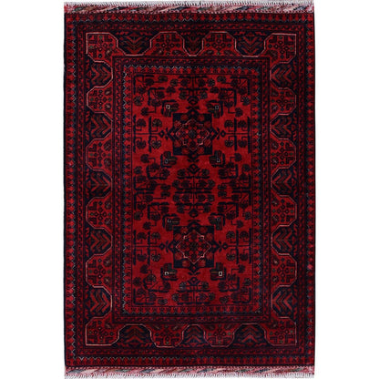 2'9"X3'10" Red Afghan Khamyab Tribal Design Hand Knotted Wool Sample Rug