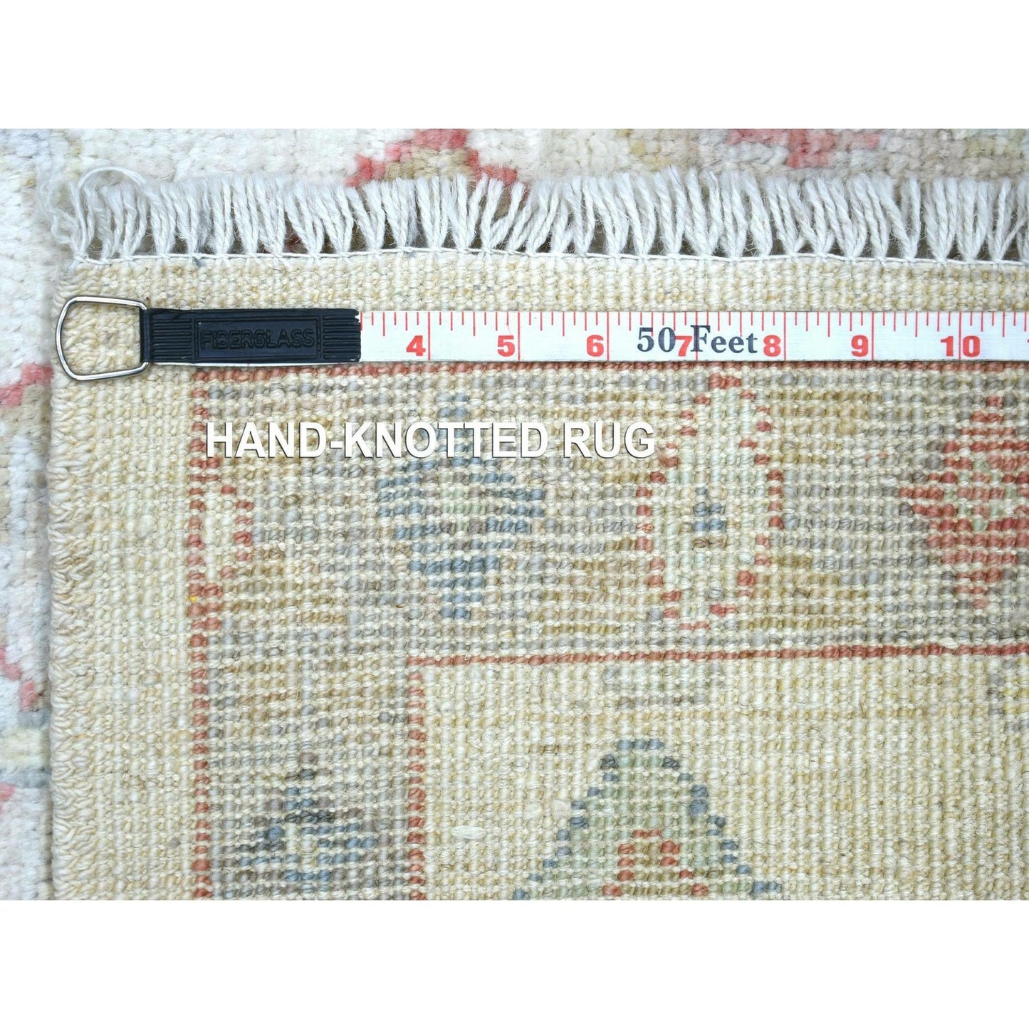 4'2"X5'7" Ivory Hand Knotted Angora Oushak All Over Motifs Wool Rug