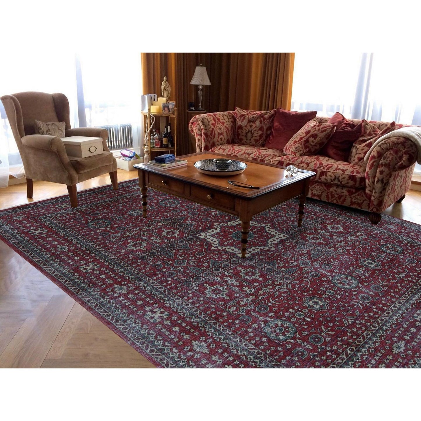 9'X12' Red Vintage Look Mamluk Worn Wool Hand Knotted Rug