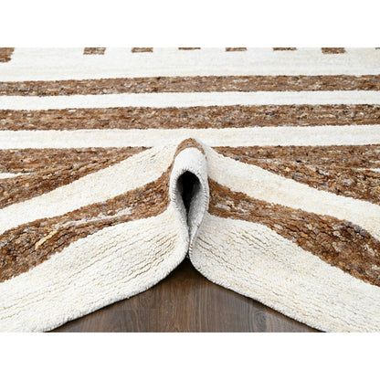 12'2"X14'10" Brown Wool Minimalist Stripe Hand Knotted Oversized Rug