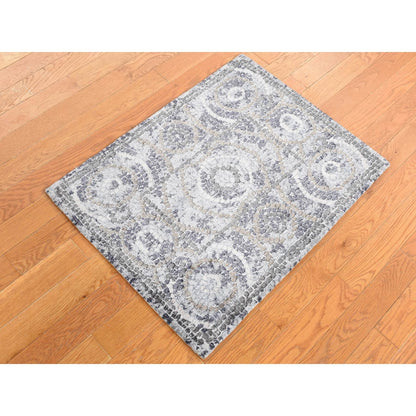 2'2"X3' Gray Silken Roman Mosaic Design Hand Knotted Sample Mat Rug