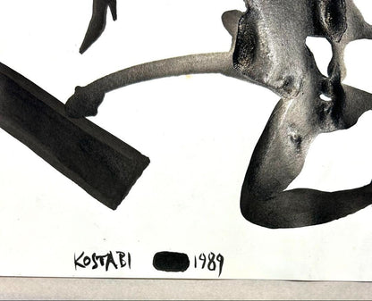 Mark Kostabi 1989 Original Painting Drawing Black Ink On Paper Signed Baggage