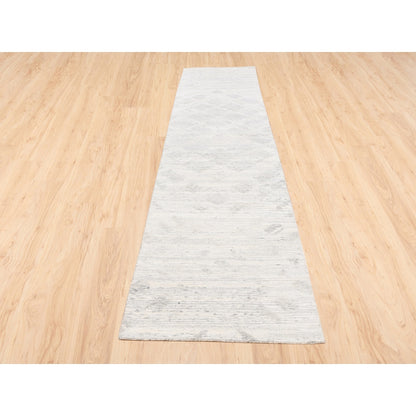 2'6"X12' Ivory Hand Spun Undyed Pure Wool Modern Hand Knotted Runner Rug