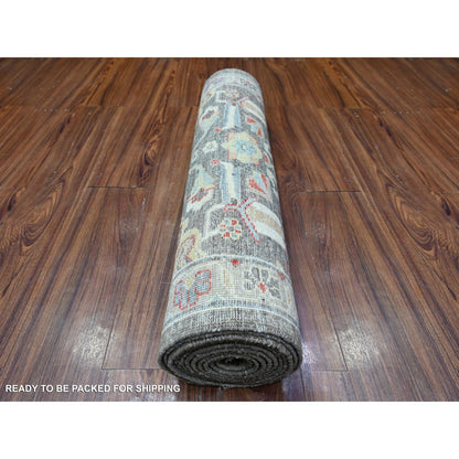 2'8"X11'10" Jet Gray Hand Knotted Pure Wool Fine Peshawar Runner Rug