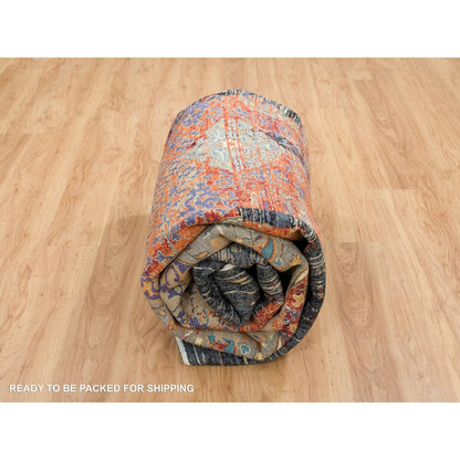 9'X12'1" Rust Red Wool Hand Knotted Ancient Ottoman Erased Design Rug
