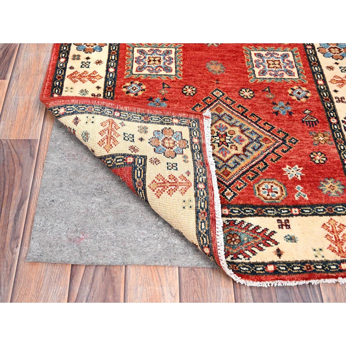 2'8"X9'6" Lattice Red Hand Knotted Afghan Special Kazak Wool Runner Rug