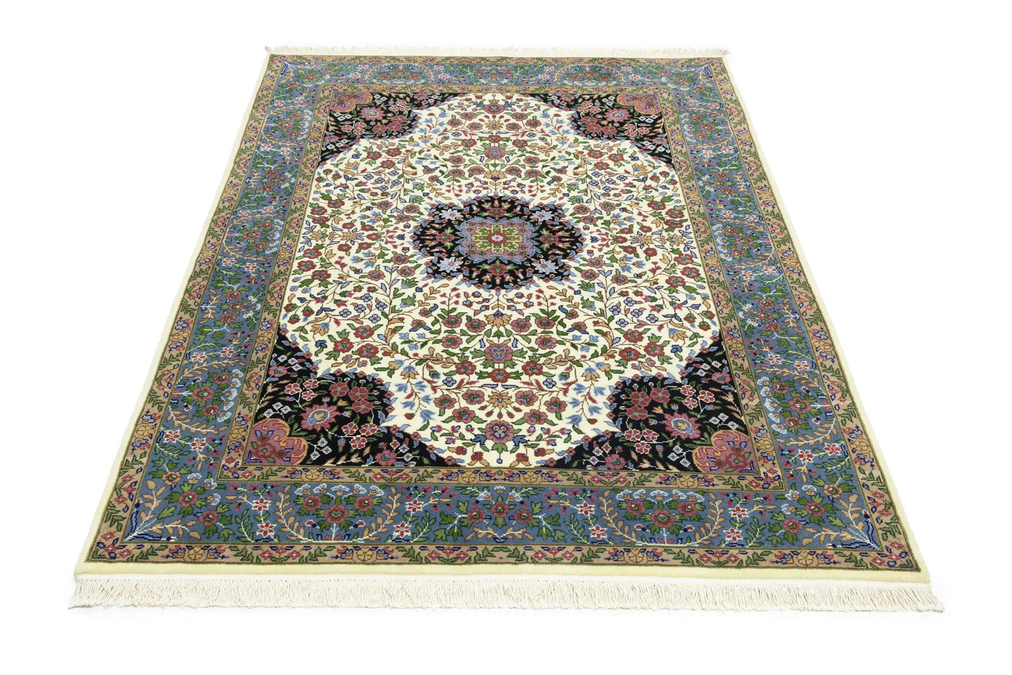 Handmade Kirman Oriental Rug Cream & Blue Floral