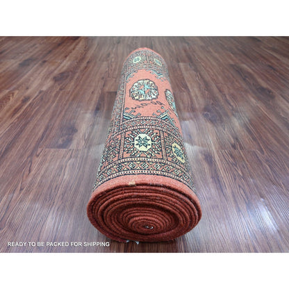 2'6"X19'7" Red Hand Knotted Mori Bokara Geometric Design Wool Runner Rug