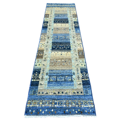 2'6"X9'8" Blue Hand Knotted Kashkuli Animal Figurines All Wool Runner Rug