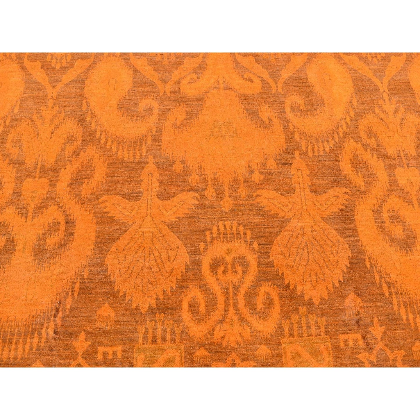 9'1"X12'3" Hand Knotted Pure Wool Orange Cast Overdyed Ikat Oriental Rug