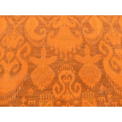 9'1"X12'3" Hand Knotted Pure Wool Orange Cast Overdyed Ikat Oriental Rug